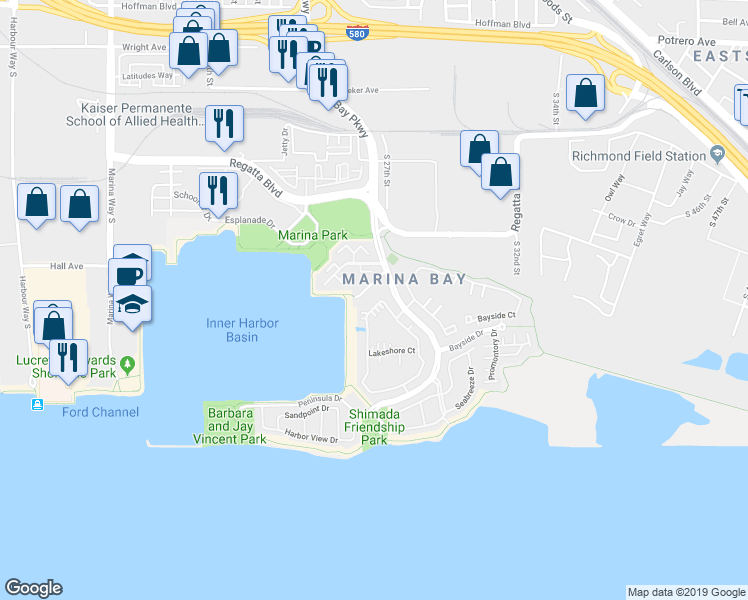 map of restaurants, bars, coffee shops, grocery stores, and more near 191 Shoreline Court in Richmond