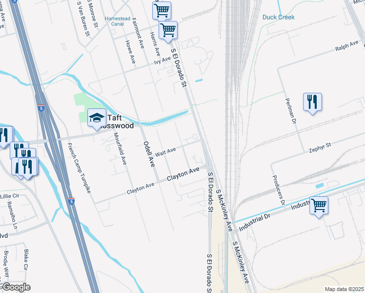 map of restaurants, bars, coffee shops, grocery stores, and more near Wait Avenue & South Harvey Avenue in Stockton