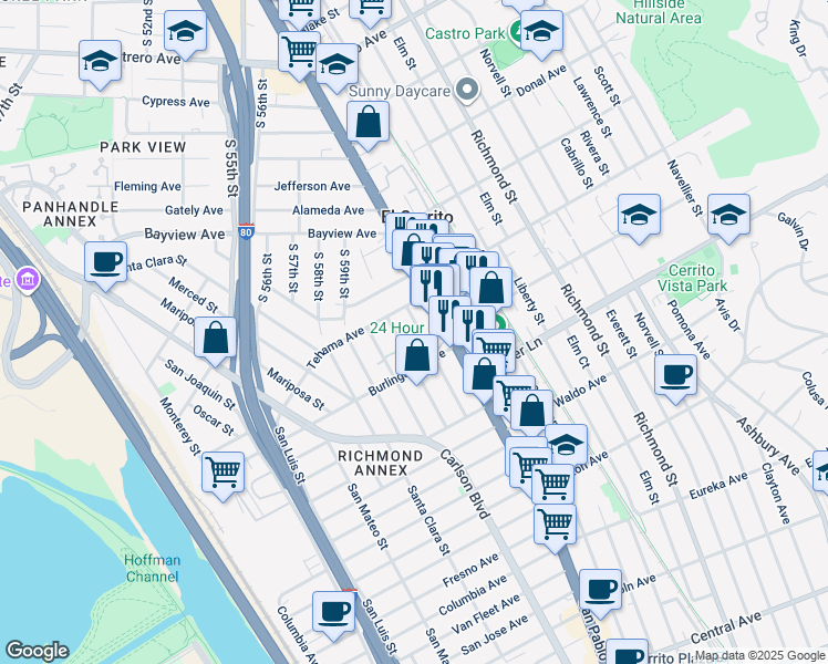 map of restaurants, bars, coffee shops, grocery stores, and more near 1643 San Benito Street in Richmond