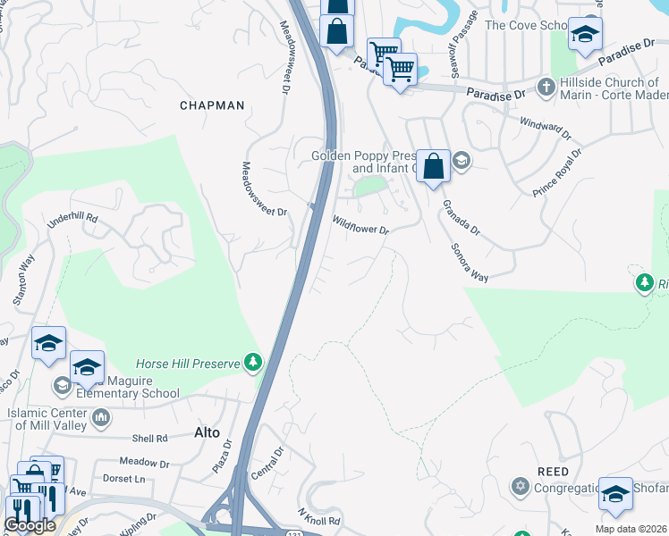 map of restaurants, bars, coffee shops, grocery stores, and more near 175 Koch Road in Corte Madera