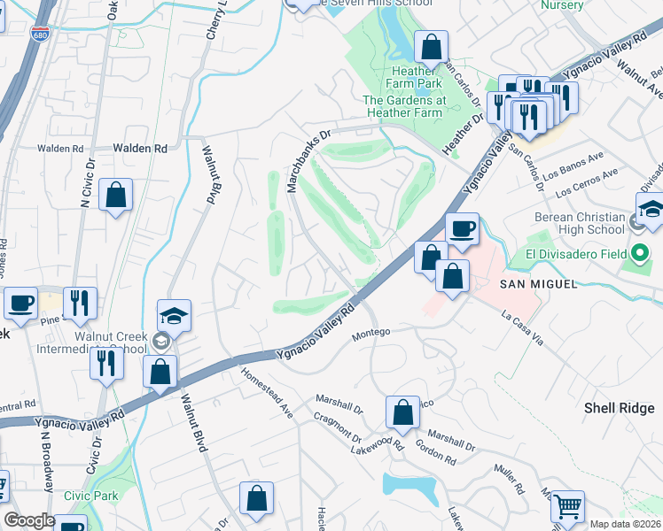 map of restaurants, bars, coffee shops, grocery stores, and more near Marchbanks Drive in Walnut Creek