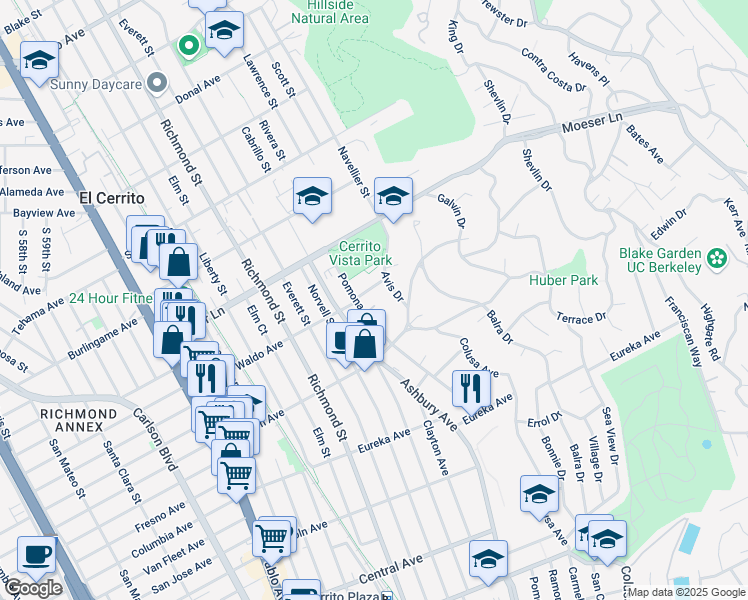 map of restaurants, bars, coffee shops, grocery stores, and more near 7305 Pomona Court in El Cerrito