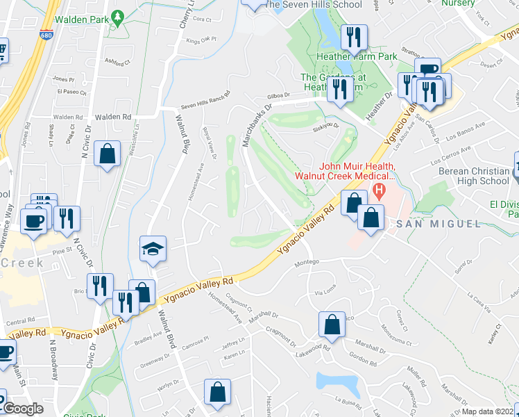 map of restaurants, bars, coffee shops, grocery stores, and more near 243 Masters Court in Walnut Creek