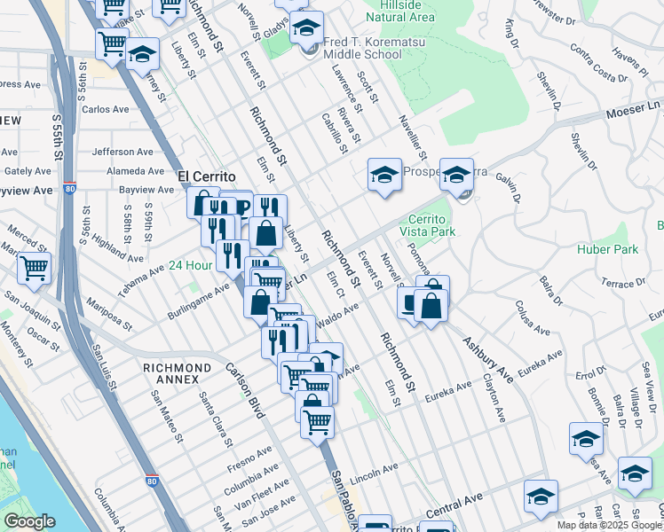 map of restaurants, bars, coffee shops, grocery stores, and more near 933 Richmond Street in El Cerrito