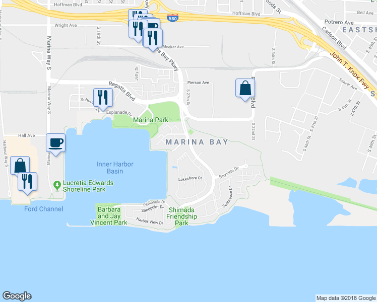 map of restaurants, bars, coffee shops, grocery stores, and more near 181 Shoreline Court in Richmond