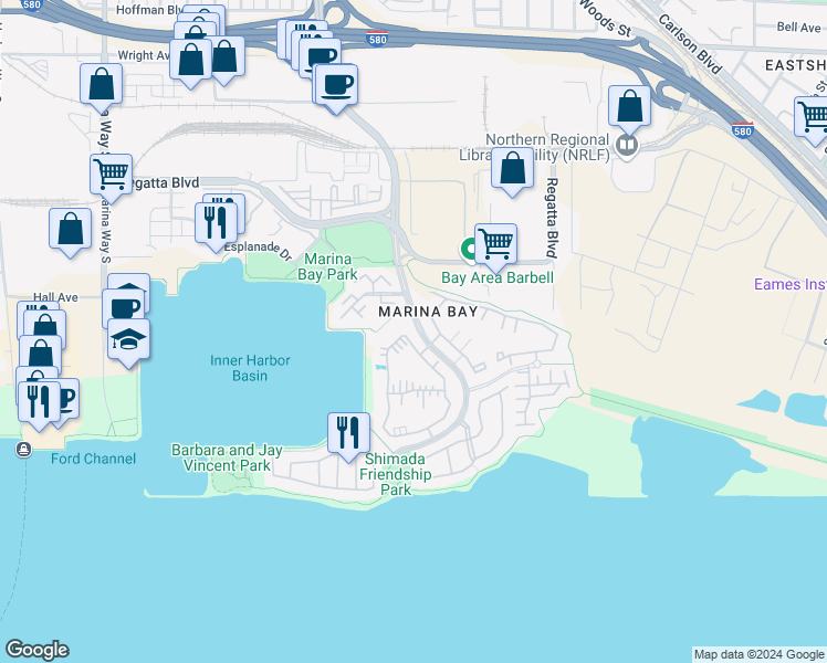 map of restaurants, bars, coffee shops, grocery stores, and more near 215 Shoreline Court in Richmond