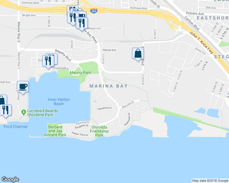 map of restaurants, bars, coffee shops, grocery stores, and more near 220 Marina Lakes Drive in Richmond