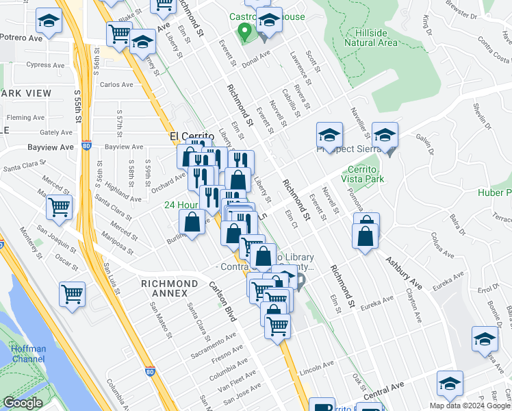 map of restaurants, bars, coffee shops, grocery stores, and more near 1007 Liberty Court in El Cerrito