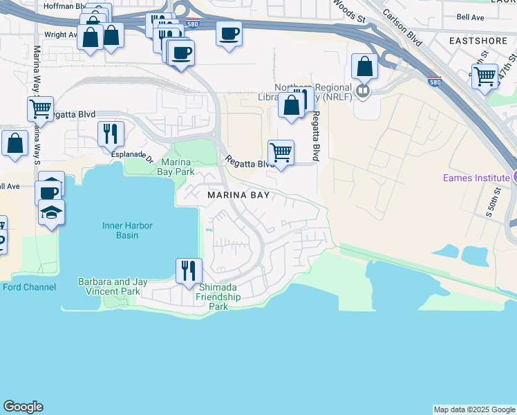 map of restaurants, bars, coffee shops, grocery stores, and more near Marina Lakes Drive in Richmond