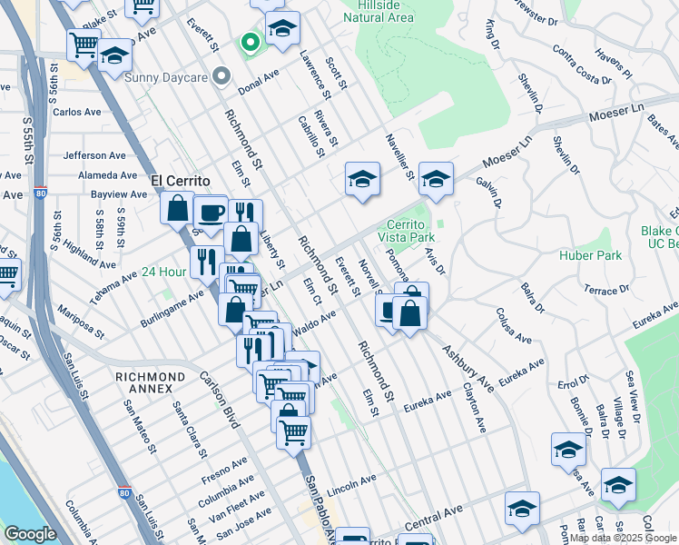 map of restaurants, bars, coffee shops, grocery stores, and more near 933 Everett Street in El Cerrito