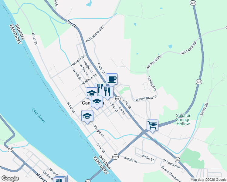 map of restaurants, bars, coffee shops, grocery stores, and more near 701 Washington Street in Cannelton