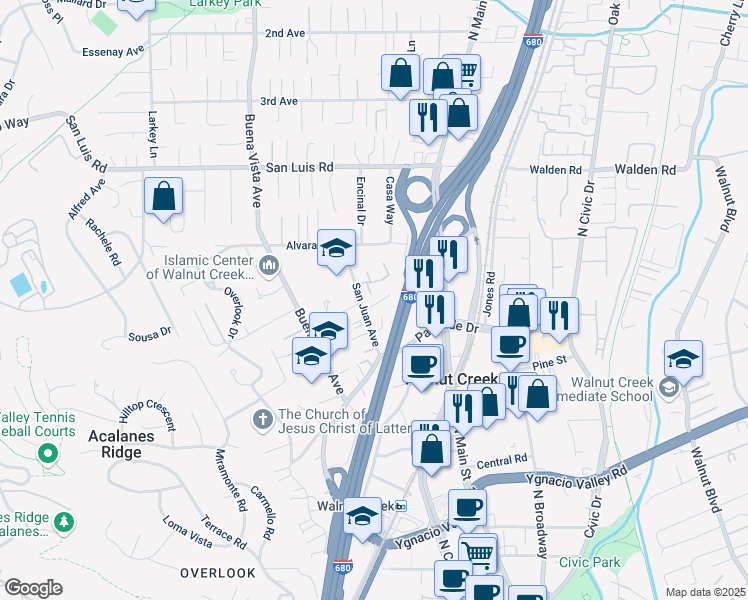 map of restaurants, bars, coffee shops, grocery stores, and more near 24 Kuhl Court in Walnut Creek