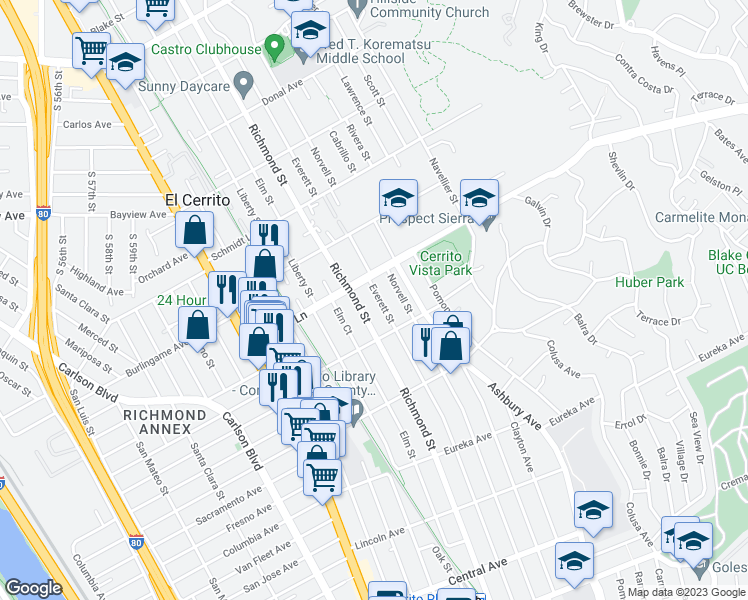 map of restaurants, bars, coffee shops, grocery stores, and more near 933 Everett Street in El Cerrito