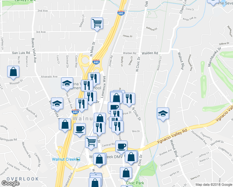 map of restaurants, bars, coffee shops, grocery stores, and more near 564 Pimlico Court in Walnut Creek