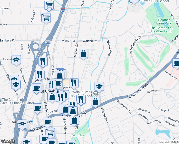 map of restaurants, bars, coffee shops, grocery stores, and more near 2320 Westcliffe Lane in Walnut Creek