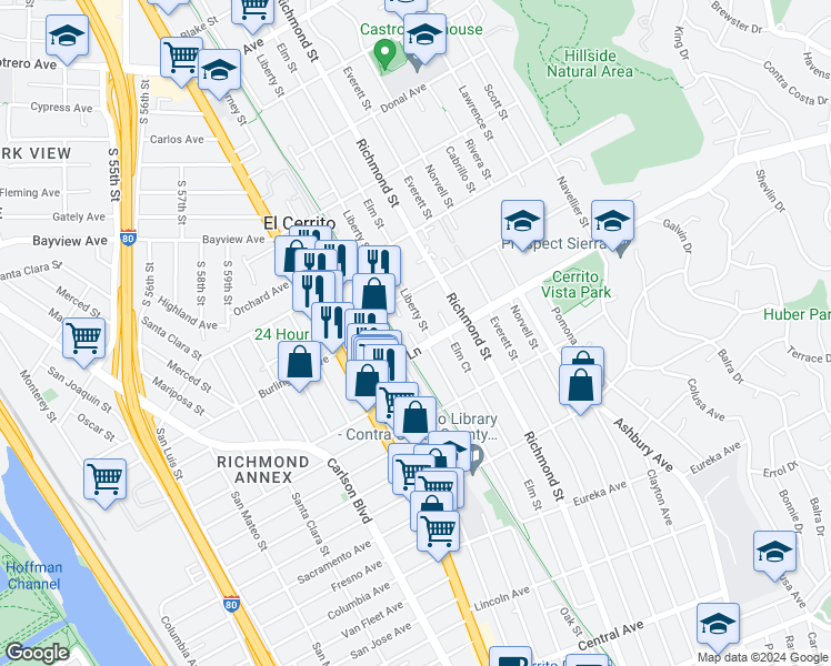 map of restaurants, bars, coffee shops, grocery stores, and more near 1007 Liberty Court in El Cerrito