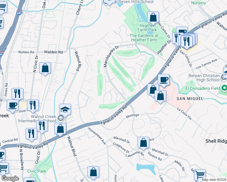 map of restaurants, bars, coffee shops, grocery stores, and more near 243 Masters Court in Walnut Creek