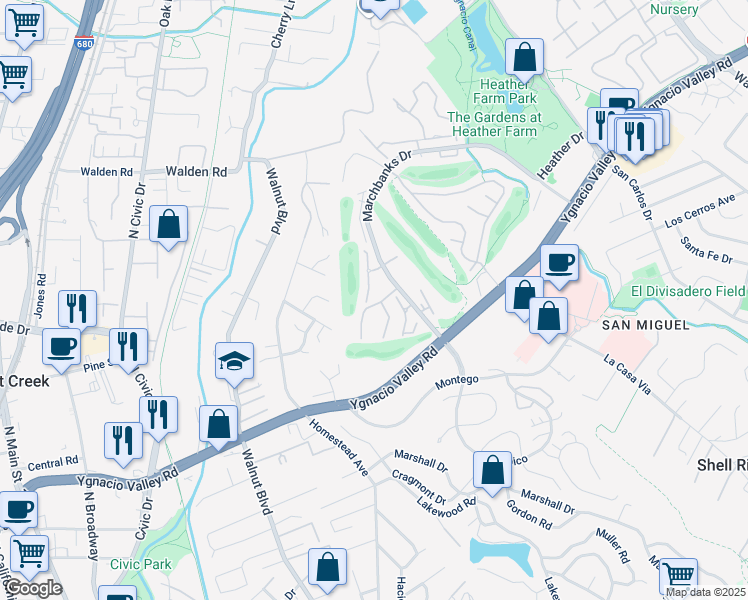 map of restaurants, bars, coffee shops, grocery stores, and more near 243 Masters Court in Walnut Creek