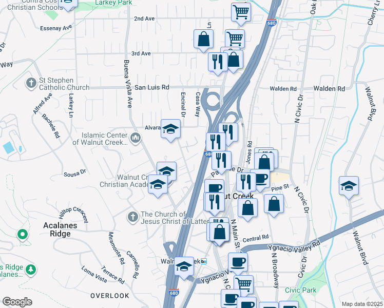 map of restaurants, bars, coffee shops, grocery stores, and more near 36 Kuhl Court in Walnut Creek