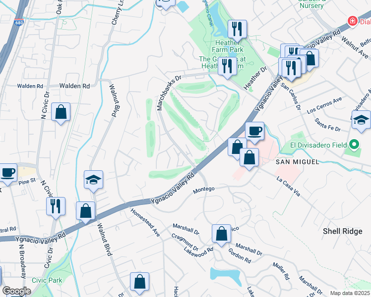 map of restaurants, bars, coffee shops, grocery stores, and more near 1421 Marchbanks Drive in Walnut Creek