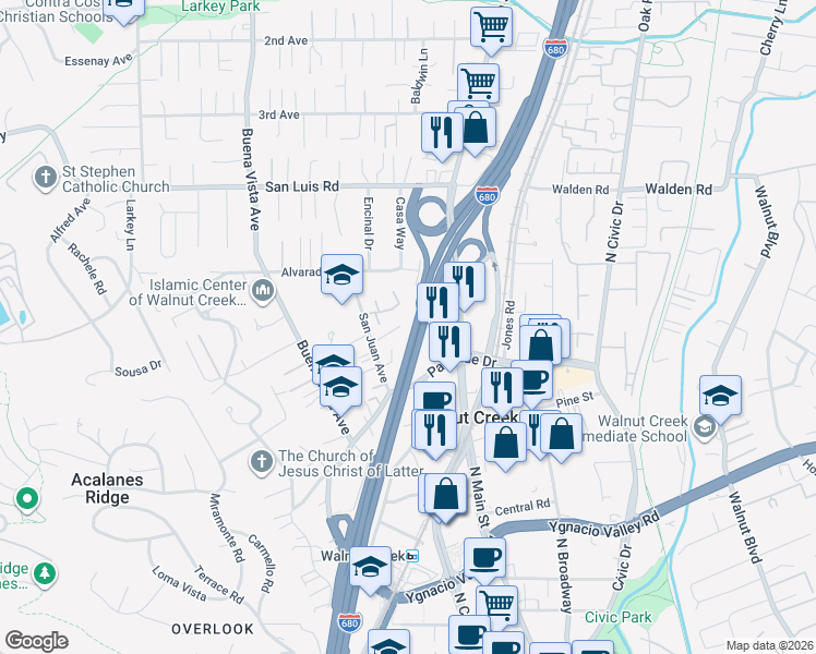 map of restaurants, bars, coffee shops, grocery stores, and more near 2355 North Main Street in Walnut Creek