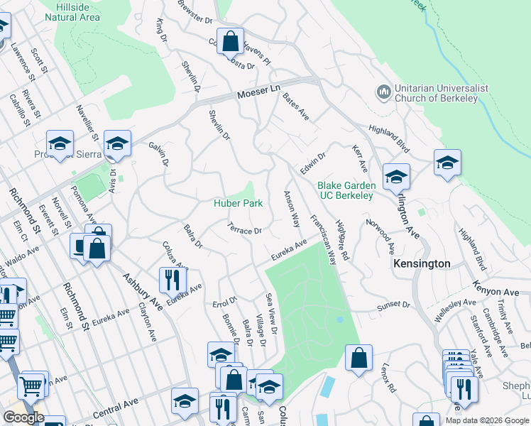 map of restaurants, bars, coffee shops, grocery stores, and more near 7952 Terrace Drive in El Cerrito