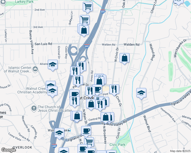 map of restaurants, bars, coffee shops, grocery stores, and more near 524 Churchill Downs Court in Walnut Creek
