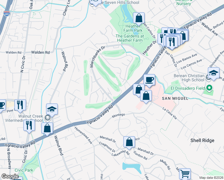 map of restaurants, bars, coffee shops, grocery stores, and more near 1407 Marchbanks Drive in Walnut Creek