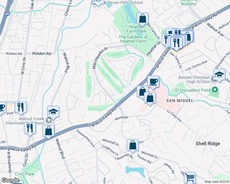 map of restaurants, bars, coffee shops, grocery stores, and more near 1407 Marchbanks Drive in Walnut Creek