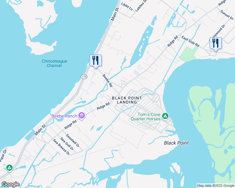 map of restaurants, bars, coffee shops, grocery stores, and more near 7558 Beebe Road in Chincoteague