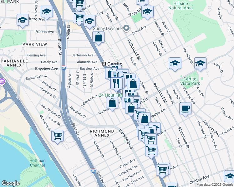 map of restaurants, bars, coffee shops, grocery stores, and more near 1670 San Benito Street in Richmond