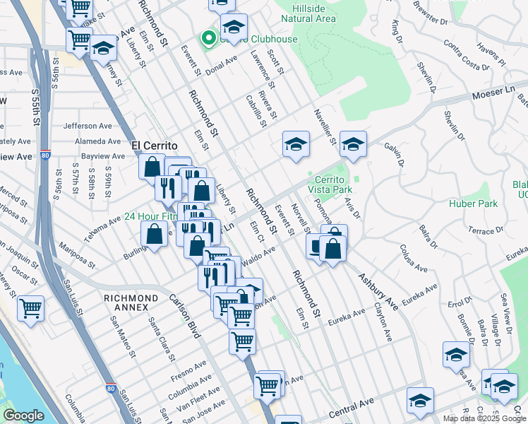 map of restaurants, bars, coffee shops, grocery stores, and more near Richmond Street in El Cerrito