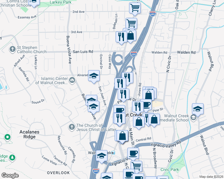 map of restaurants, bars, coffee shops, grocery stores, and more near 2355 North Main Street in Walnut Creek