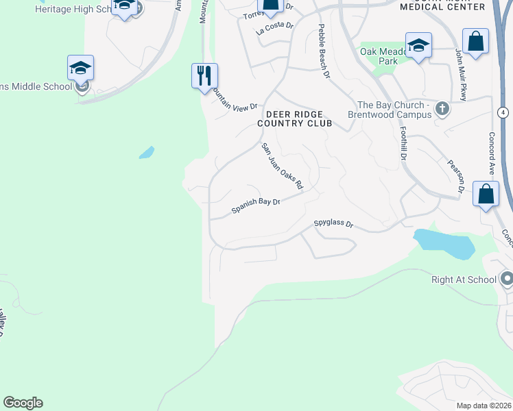 map of restaurants, bars, coffee shops, grocery stores, and more near 2898 Spanish Bay Drive in Brentwood