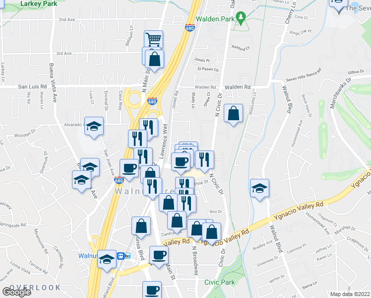 map of restaurants, bars, coffee shops, grocery stores, and more near 582 Pimlico Court in Walnut Creek