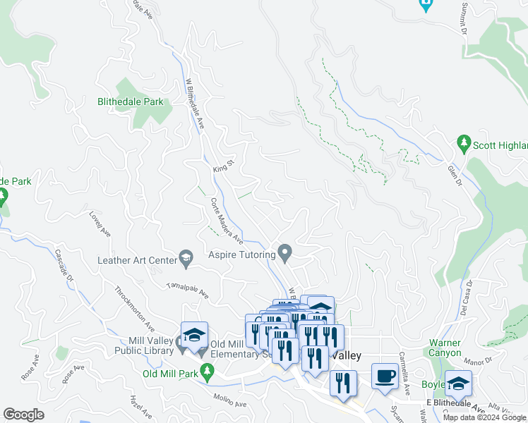 map of restaurants, bars, coffee shops, grocery stores, and more near 44 Portola Lane in Mill Valley