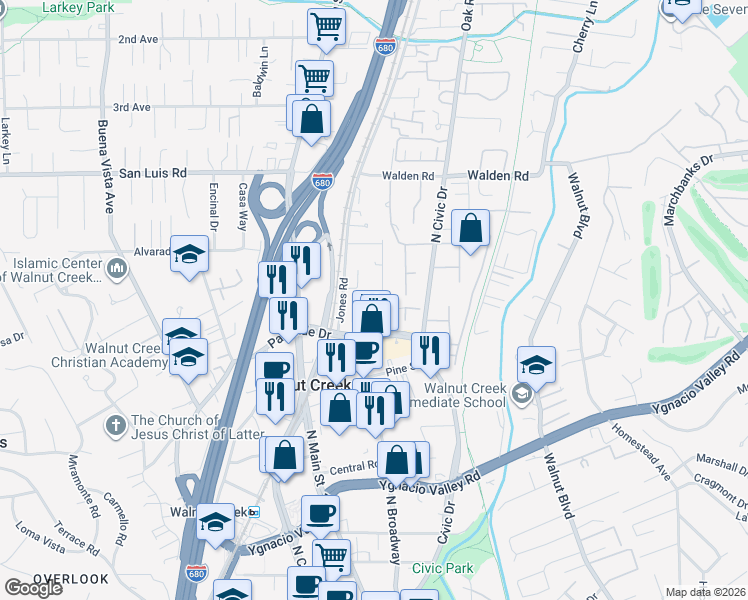 map of restaurants, bars, coffee shops, grocery stores, and more near 582 Pimlico Court in Walnut Creek