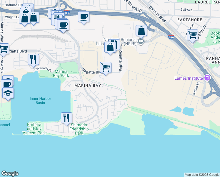 map of restaurants, bars, coffee shops, grocery stores, and more near 131 Bayside Court in Richmond