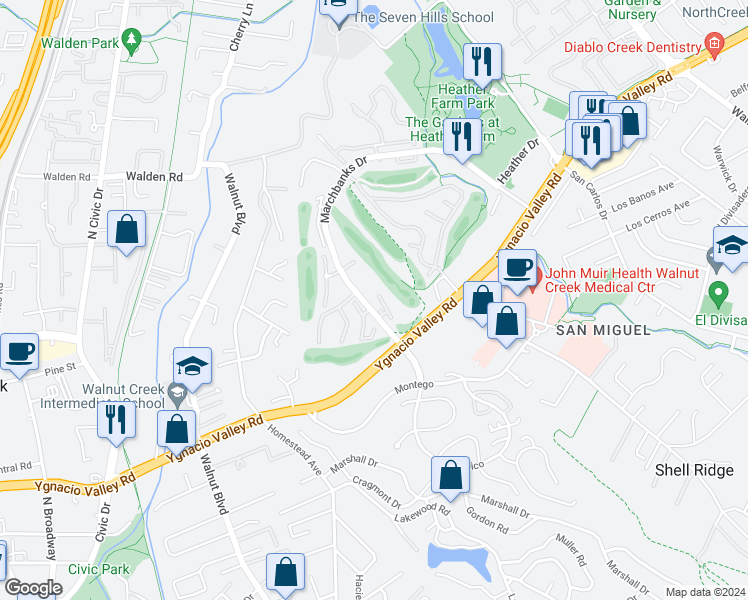 map of restaurants, bars, coffee shops, grocery stores, and more near in Walnut Creek