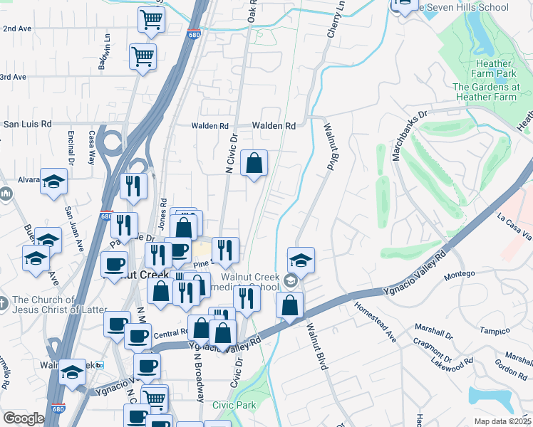 map of restaurants, bars, coffee shops, grocery stores, and more near 2310 Westcliffe Lane in Walnut Creek
