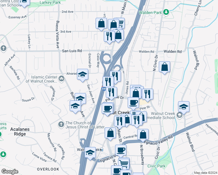 map of restaurants, bars, coffee shops, grocery stores, and more near 2355 North Main Street in Walnut Creek