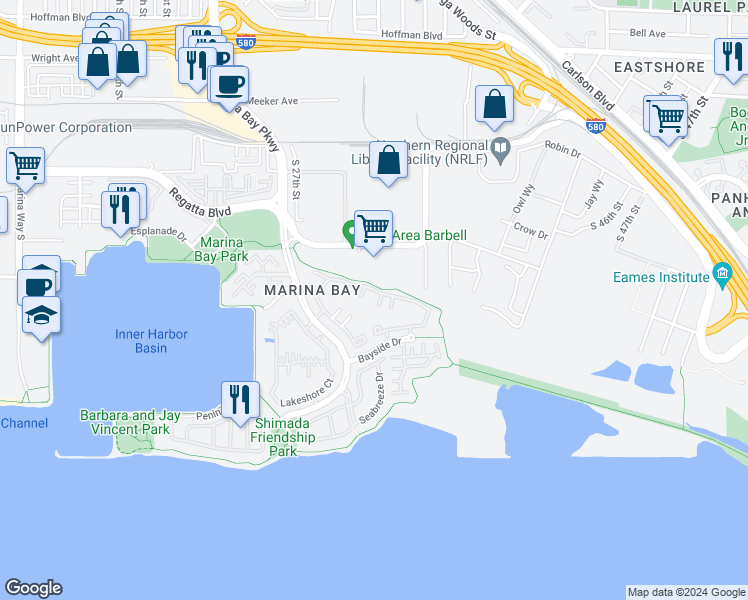 map of restaurants, bars, coffee shops, grocery stores, and more near 89 Bayside Court in Richmond