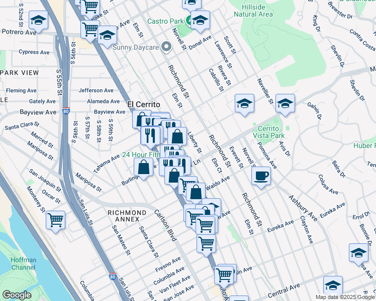 map of restaurants, bars, coffee shops, grocery stores, and more near 1007 Liberty Court in El Cerrito