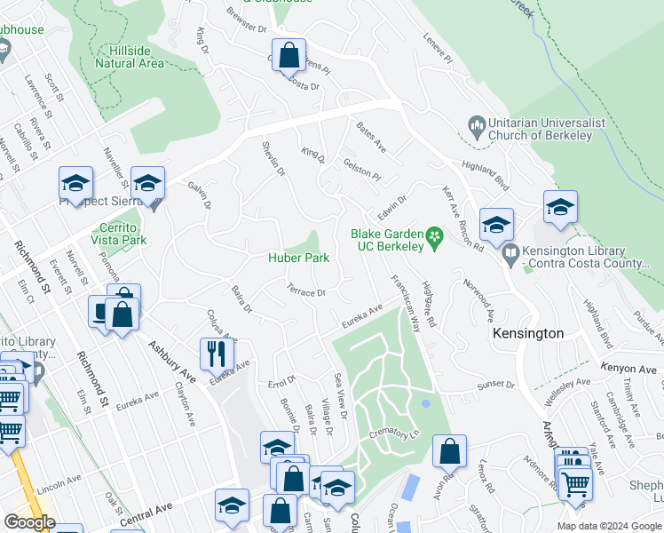 map of restaurants, bars, coffee shops, grocery stores, and more near 7981 Terrace Drive in El Cerrito