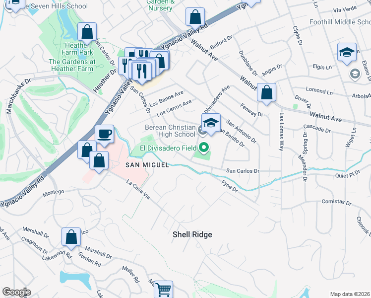 map of restaurants, bars, coffee shops, grocery stores, and more near 71 San Pedro Court in Walnut Creek