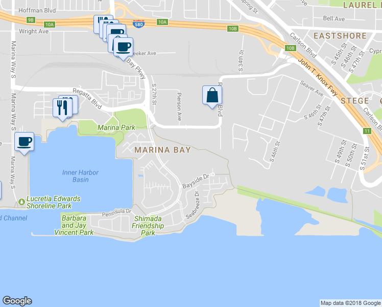 map of restaurants, bars, coffee shops, grocery stores, and more near 92 Marina Lakes Drive in Richmond