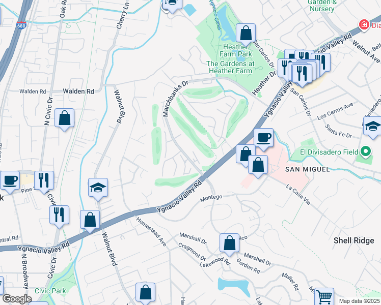 map of restaurants, bars, coffee shops, grocery stores, and more near in Walnut Creek