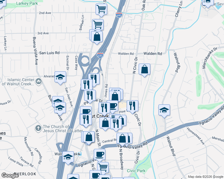 map of restaurants, bars, coffee shops, grocery stores, and more near 589 Pimlico Court in Walnut Creek
