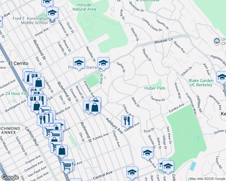 map of restaurants, bars, coffee shops, grocery stores, and more near 901 Avis Drive in El Cerrito