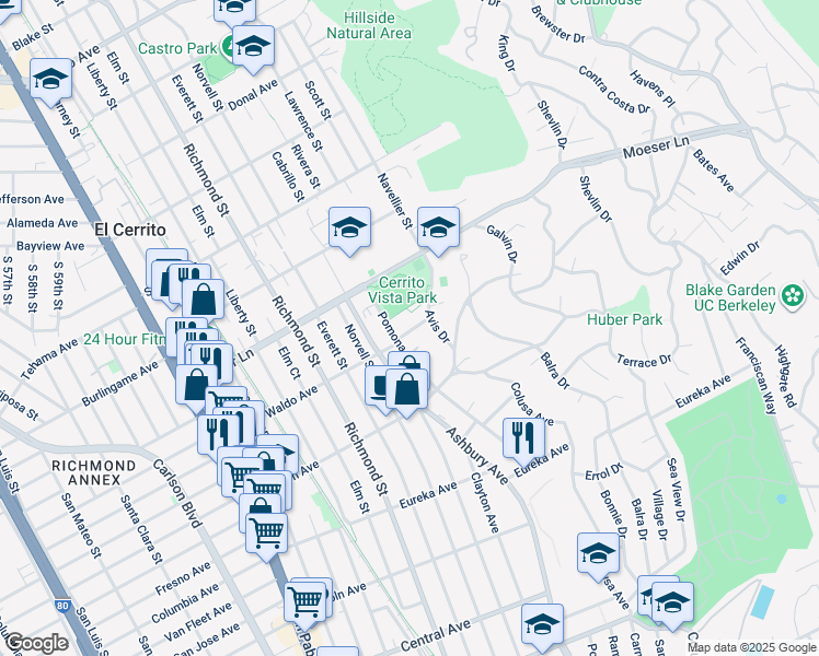 map of restaurants, bars, coffee shops, grocery stores, and more near 7305 Pomona Court in El Cerrito